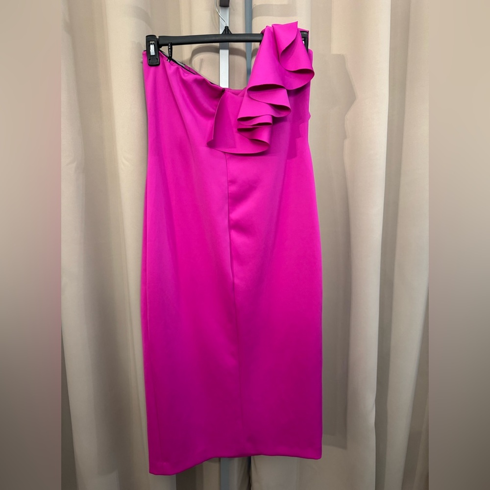 One-Shoulder Fuchsia Ruffle Midi Dress - Picture 7 of 8